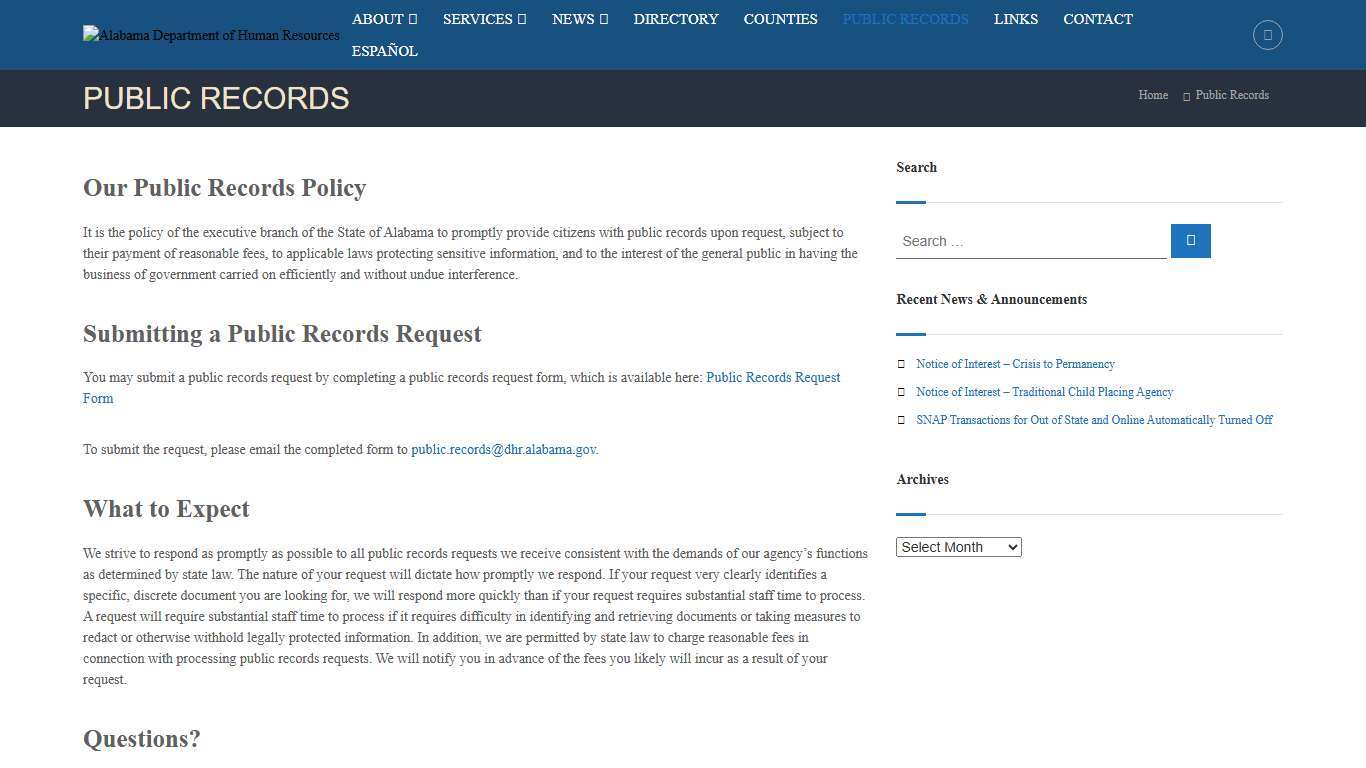 Public Records – Alabama Department of Human Resources